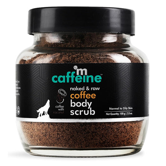 Jar of caffeine coffee body scrub with a black lid on a white background