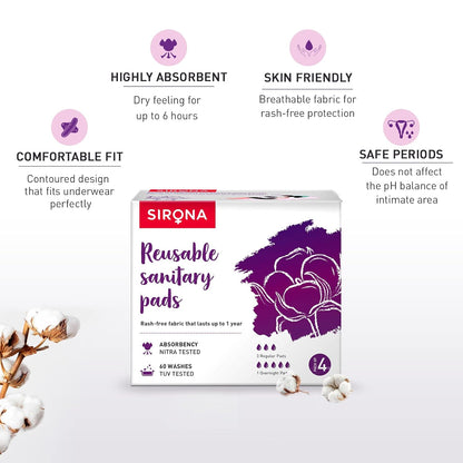 Sirona reusable sanitary pads packaging with features listed on a white background