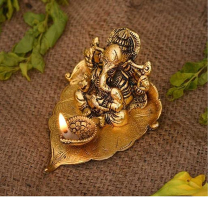 Leaf Ganesh god Idol Decorative murti with Diya Decorative Showpiece for car and Home Temple