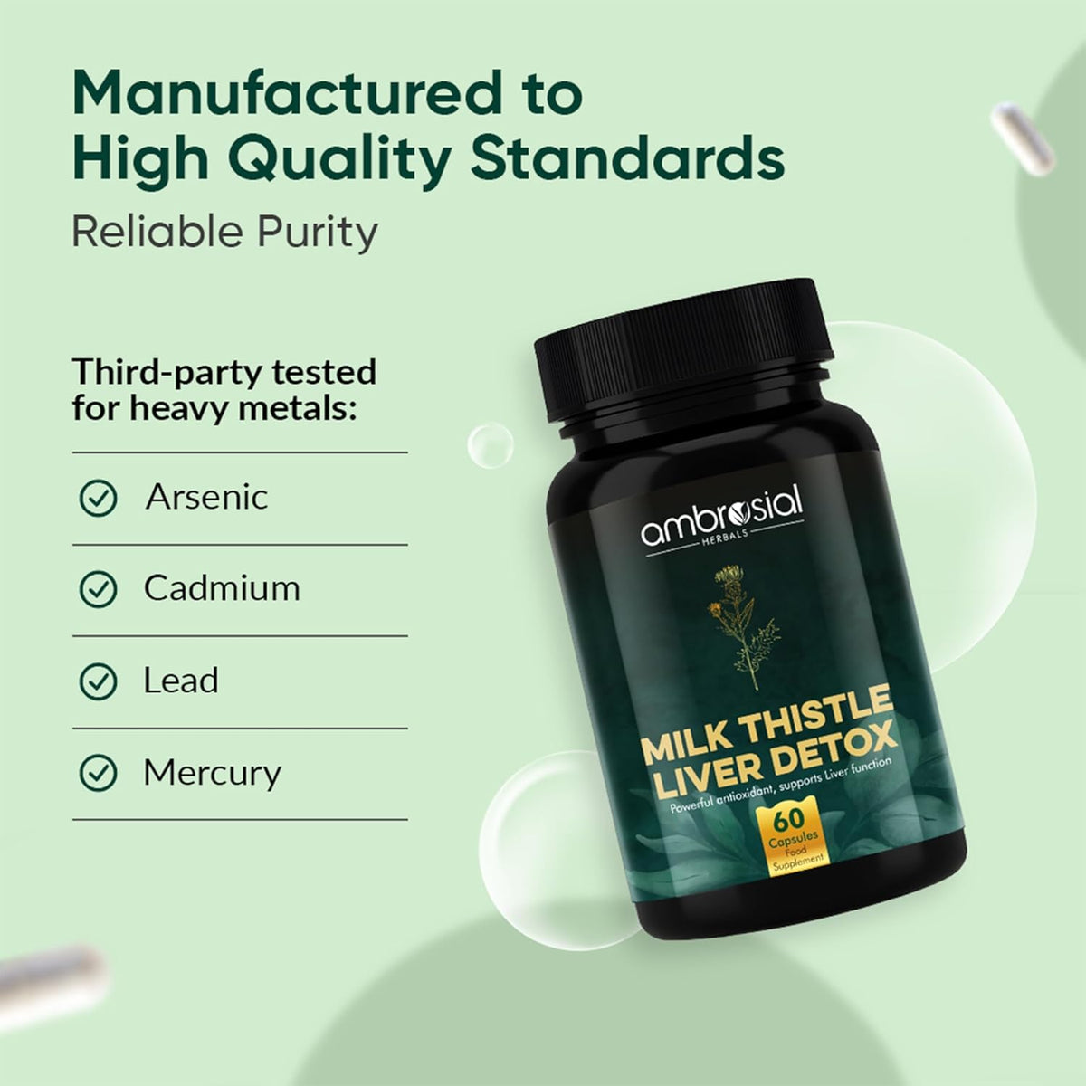 Milk Thistle Liver Detox supplement bottle with quality standards text on a green background
