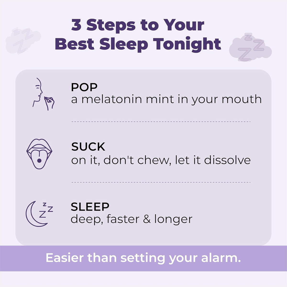 Diagram of three steps to better sleep with a melatonin mint, including dissolving it in the mouth.