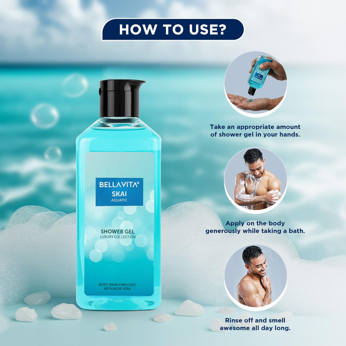 Bellavita Skai shower gel bottle with usage instructions on a blue background