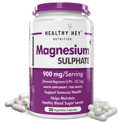 Supplement container labeled 'Healthy Hey Nutrition Magnesium Sulphate' on a white background