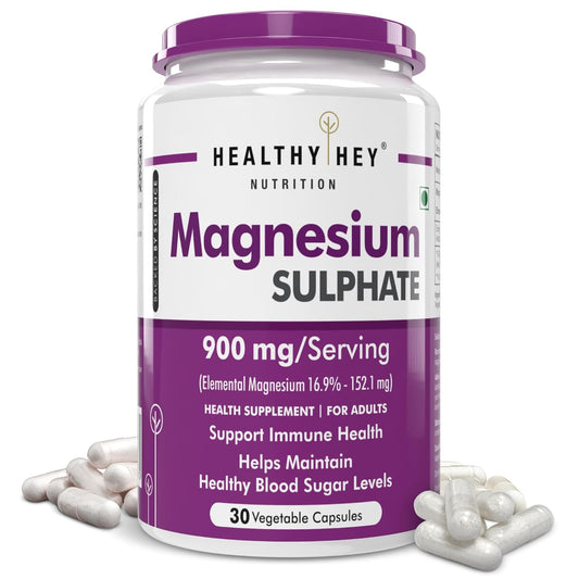 Supplement container labeled 'Healthy Hey Nutrition Magnesium Sulphate' on a white background