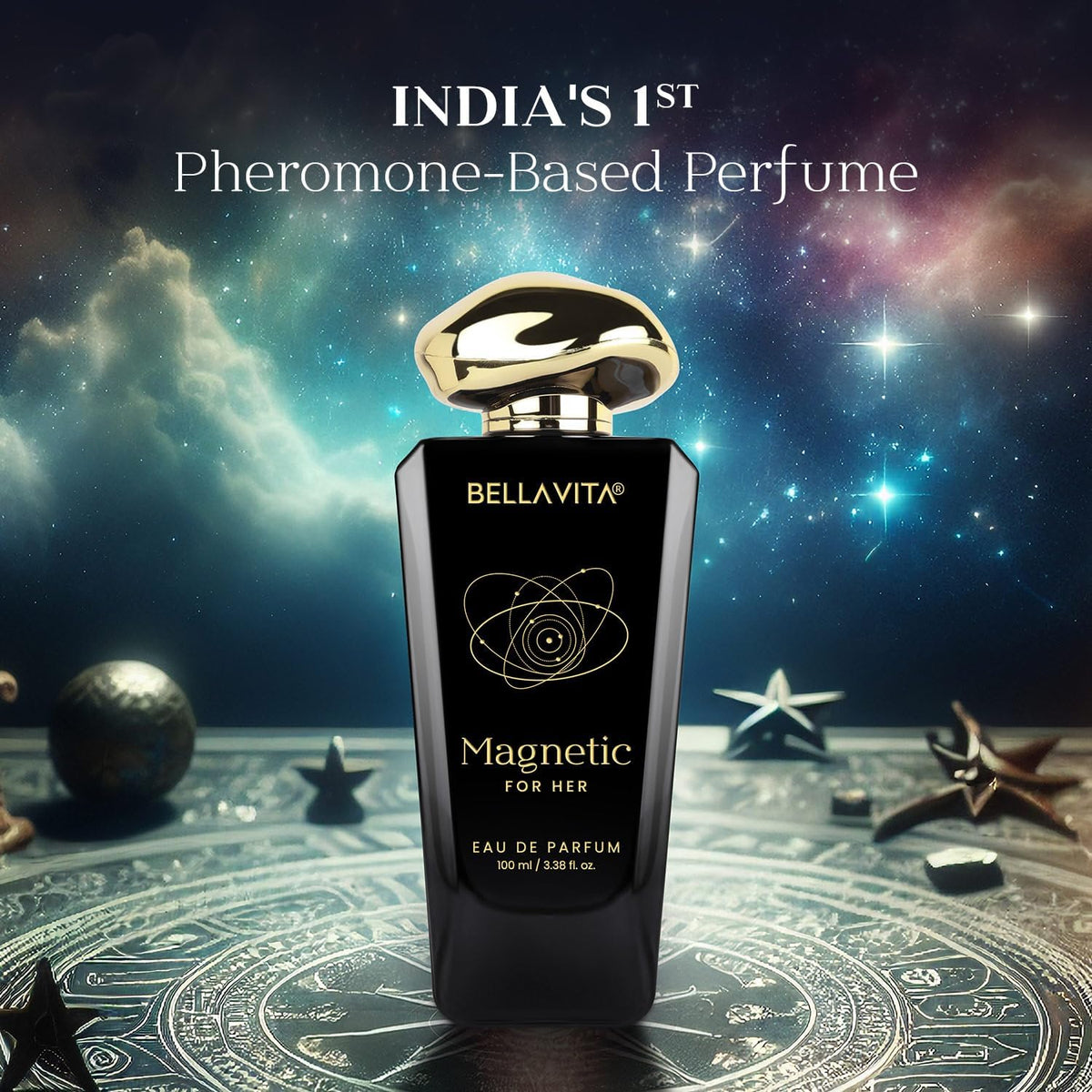 Bottle of Bellavita Magnetic perfume with a cosmic background