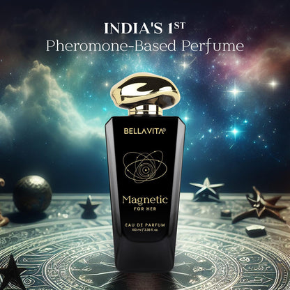 Bottle of Bellavita Magnetic perfume with a cosmic background