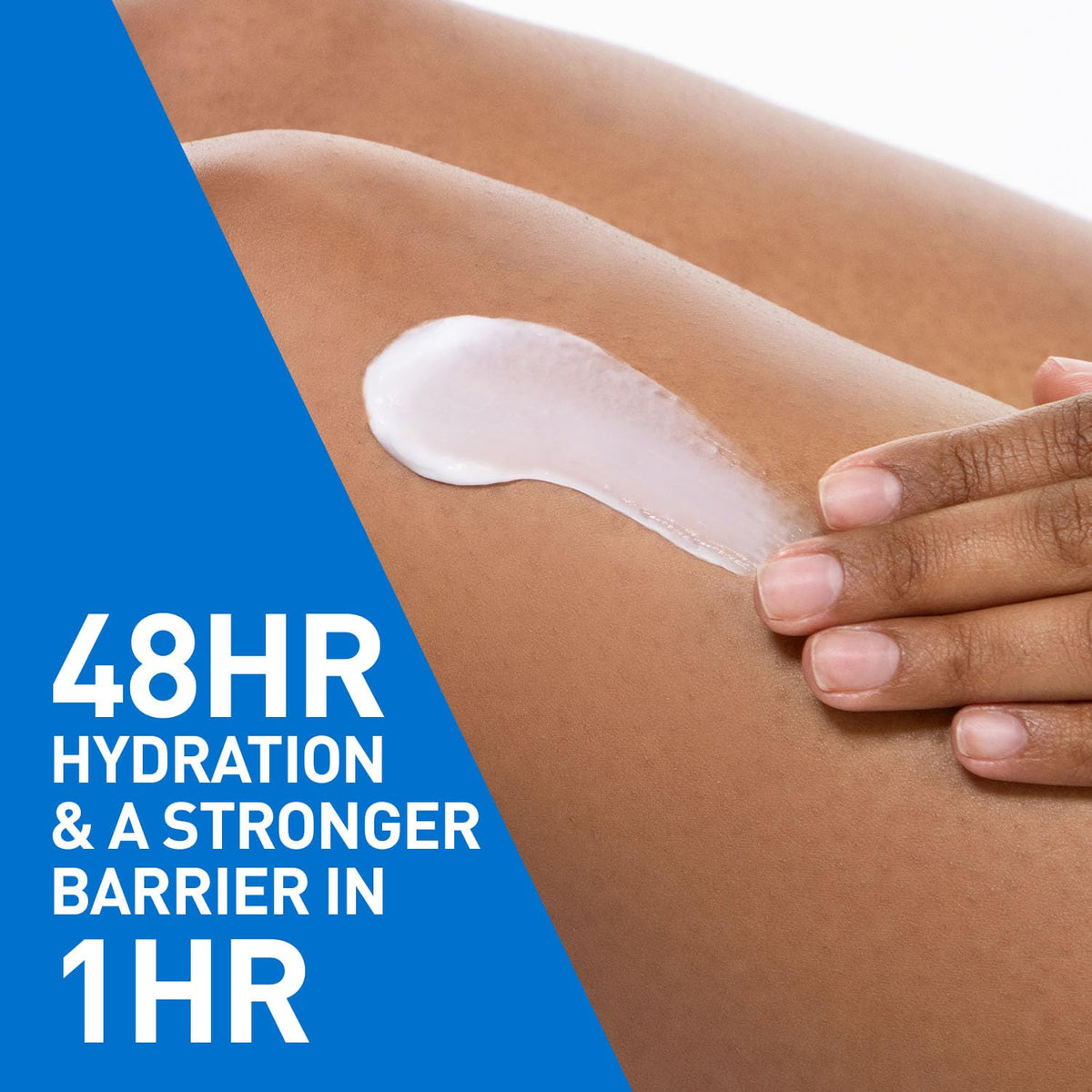 Hand applying cream to a person's arm with text about hydration and barrier strength.