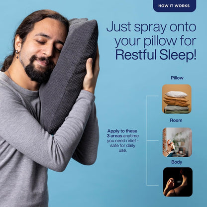 Person holding a pillow with text about using a spray for restful sleep on a blue background