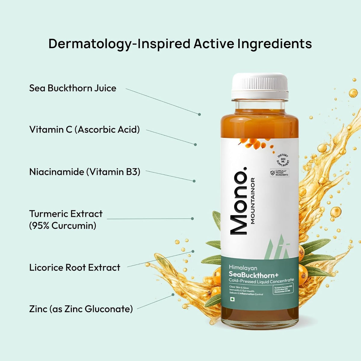 Mono Mountain skincare product with labeled active ingredients on a light blue background