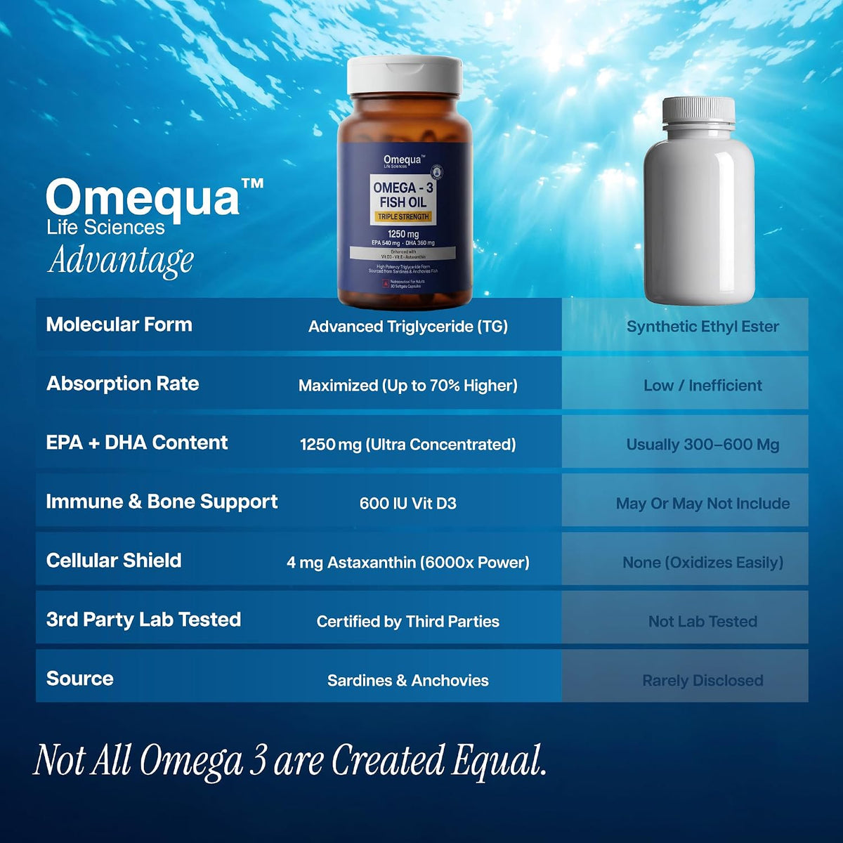 Omequa Omega 3 Fish Oil 1250 mg (Triple Strength) – 30 Softgels | EPA 540 mg DHA 360 mg | Triglyceride Form | With Astaxanthin, Vitamin D3 & E | Lab Tested Omega 3 Supplement