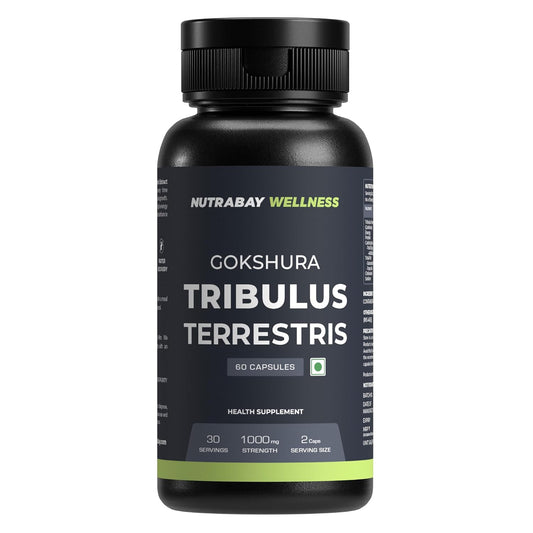 Supplement bottle labeled 'Gokshura Tribulus Terrestris' by Nutrabay Wellness on a white background