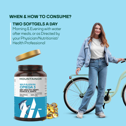 Mountainor Wild Alaskan Omega 3 supplement bottle with a woman standing next to a bicycle on a blue background.