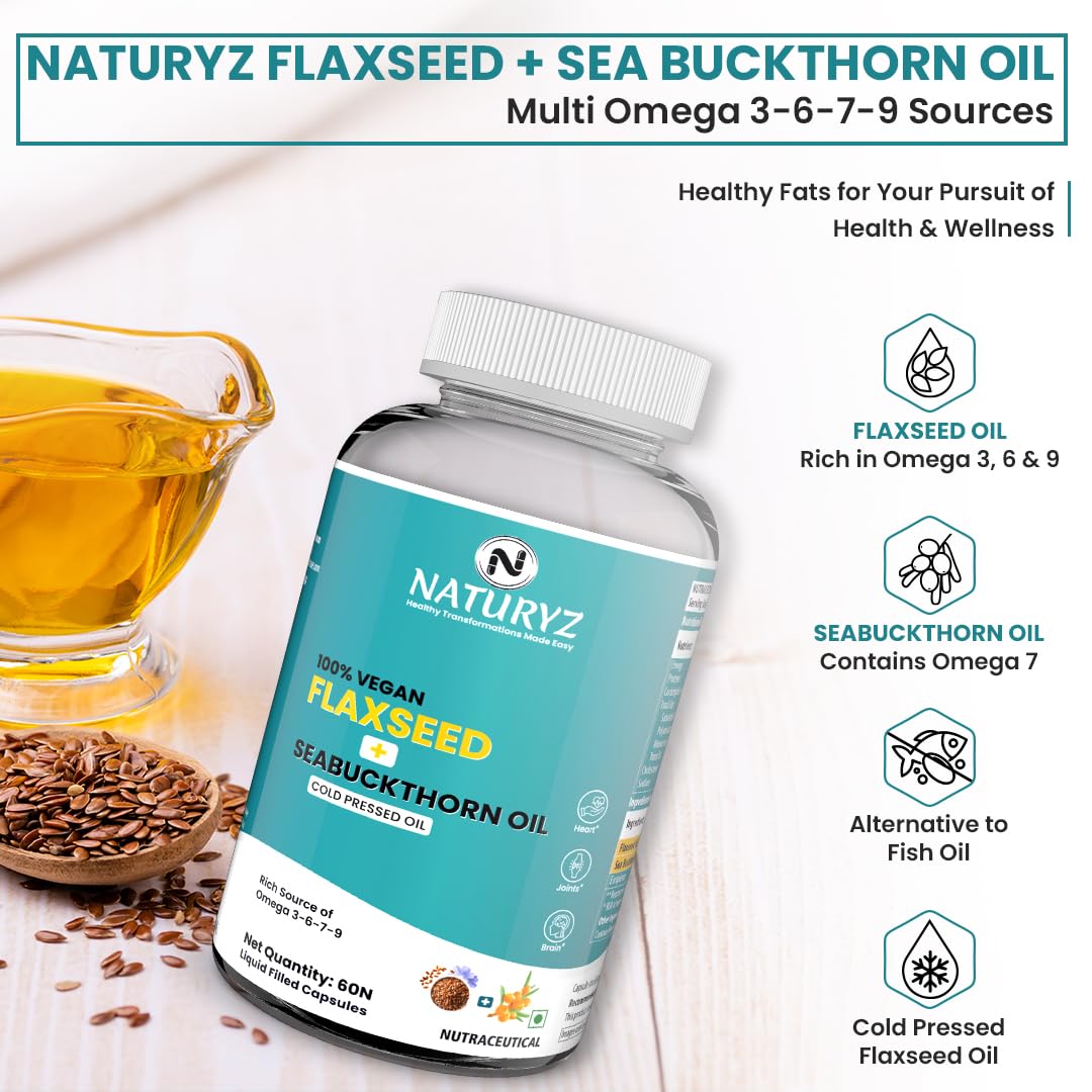 Naturyz Flaxseed + Sea Buckthorn Oil supplement bottle with flaxseeds and oil on a white background