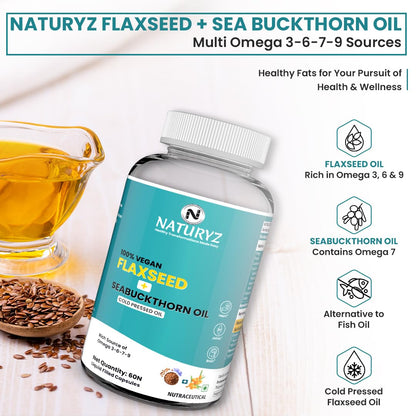 Naturyz Flaxseed + Sea Buckthorn Oil supplement bottle with flaxseeds and oil on a white background