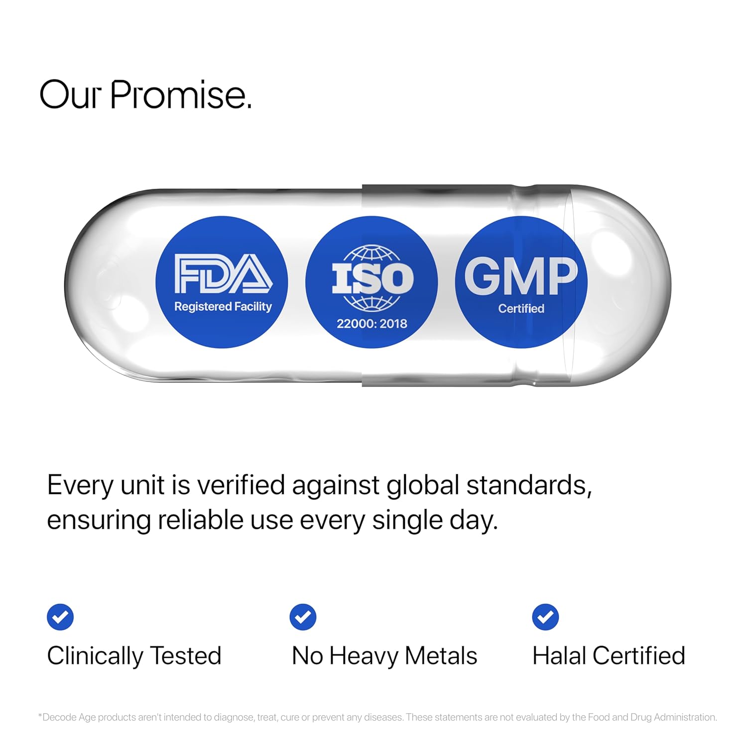 Certification logos on a capsule-shaped product with text about global standards and product features.