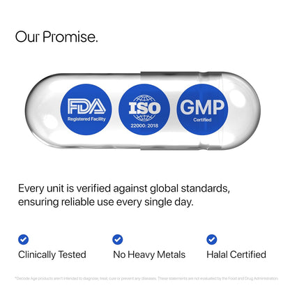 Certification logos on a capsule-shaped product with text about global standards and product features.
