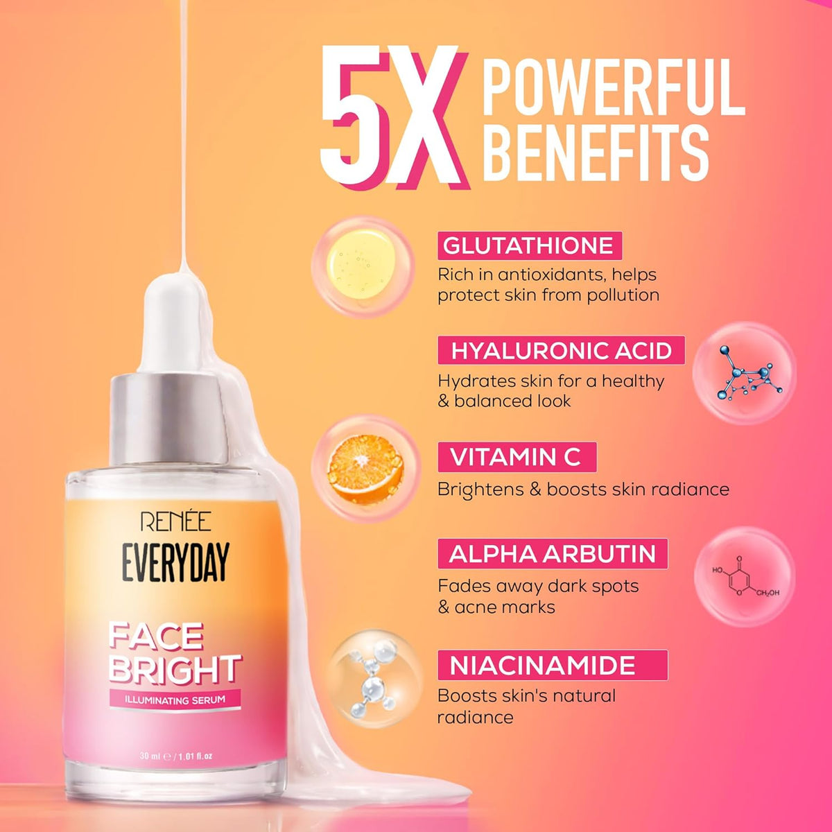 RENEE Everyday Face Bright Illuminating Face Serum | Reduces Dark Spots & Acne, Brightens Skin, Improves Complexion & Radiance | For All Skin Types | With Glutathione, Niacinamide & Vitamin C | 30ml