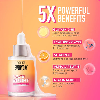 RENEE Everyday Face Bright Illuminating Face Serum | Reduces Dark Spots & Acne, Brightens Skin, Improves Complexion & Radiance | For All Skin Types | With Glutathione, Niacinamide & Vitamin C | 30ml