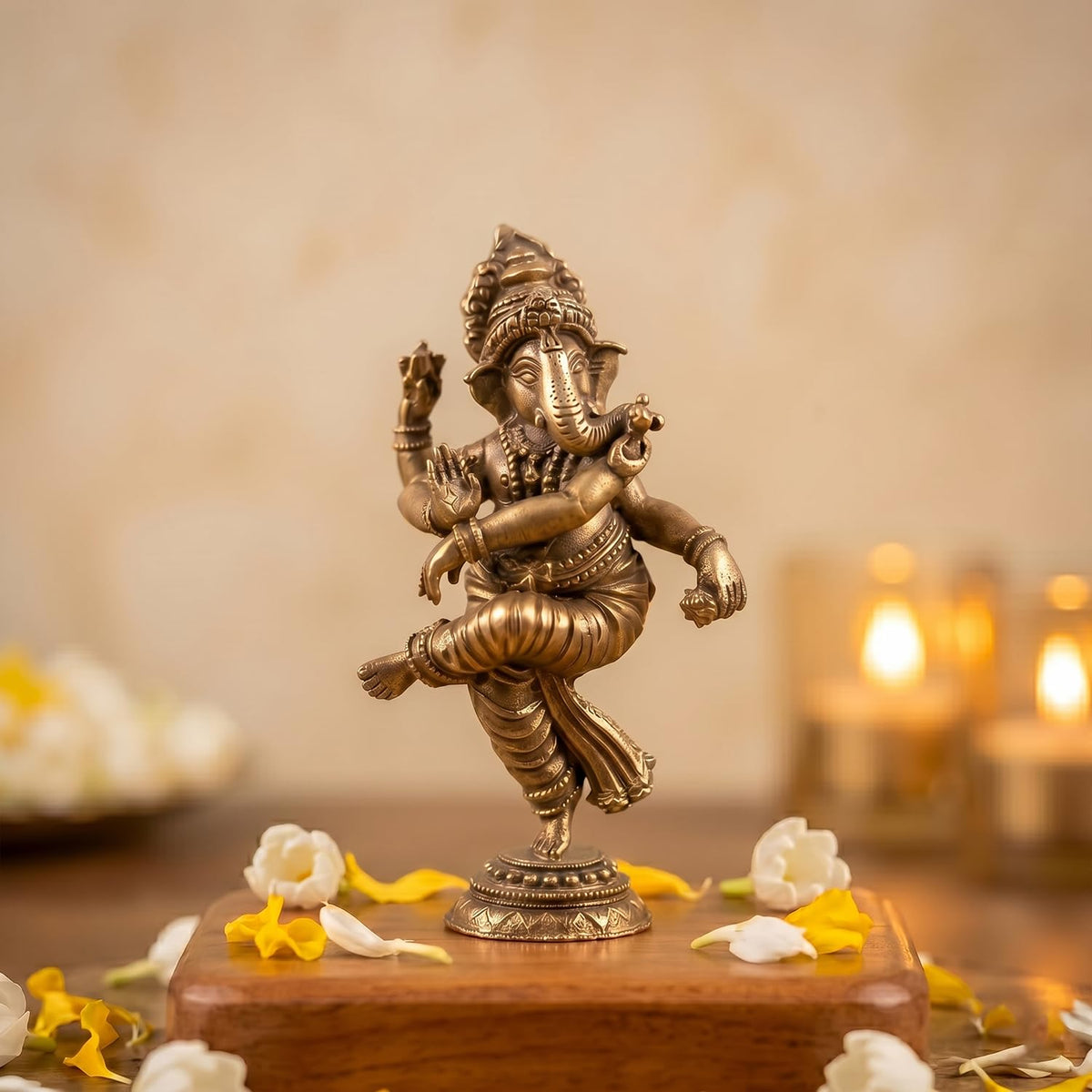 100% Pure Brass Dancing Ganesha Idol (Size: 6.2cm) | Pital Ganesh Murti for Pooja Room, Home Decor, Office Desk and Car Dashboard | Vinayagar Statue for Diwali Puja