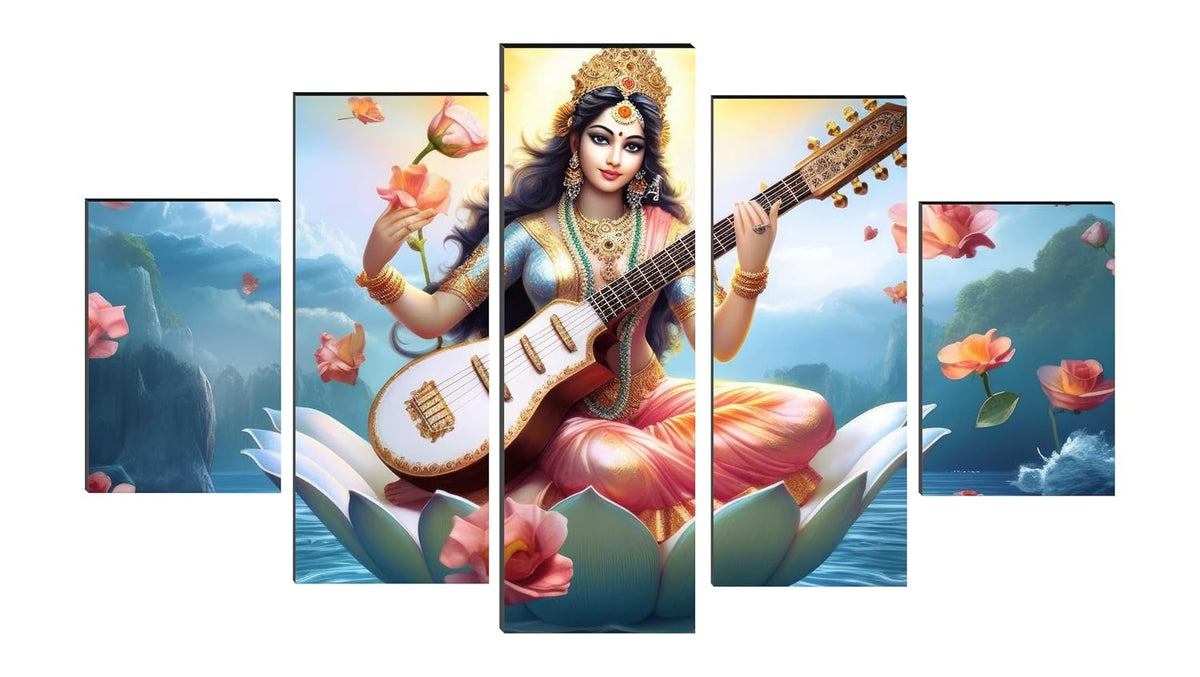 Saraswati ma Paintings for Living Room | Painting for Wall Decoration | 3D Wall Art for Bedroom | lord Saraswati Religious Wall Painting Set of 5 (75 x 45 cms) SANFPNLS35507