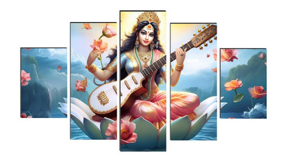 Saraswati ma Paintings for Living Room | Painting for Wall Decoration | 3D Wall Art for Bedroom | lord Saraswati Religious Wall Painting Set of 5 (75 x 45 cms) SANFPNLS35507