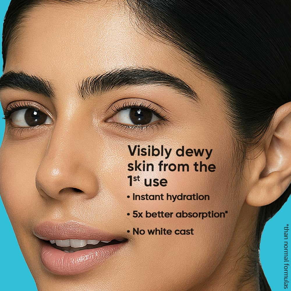 Close-up of a woman's face with text highlighting skin benefits on a blue background