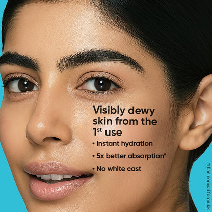 Close-up of a woman's face with text highlighting skin benefits on a blue background