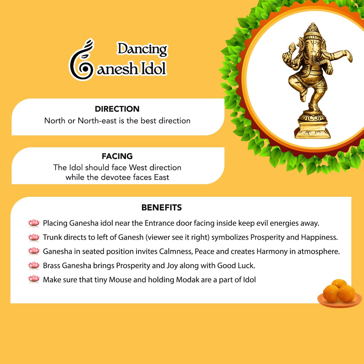 100% Pure Brass Ganesha Idol (Size: 10.5 cm) | Pital Ganesh Murti for Pooja Room, Home Decor, Office Desk and Car Dashboard | Vinayagar Statue for Diwali Puja