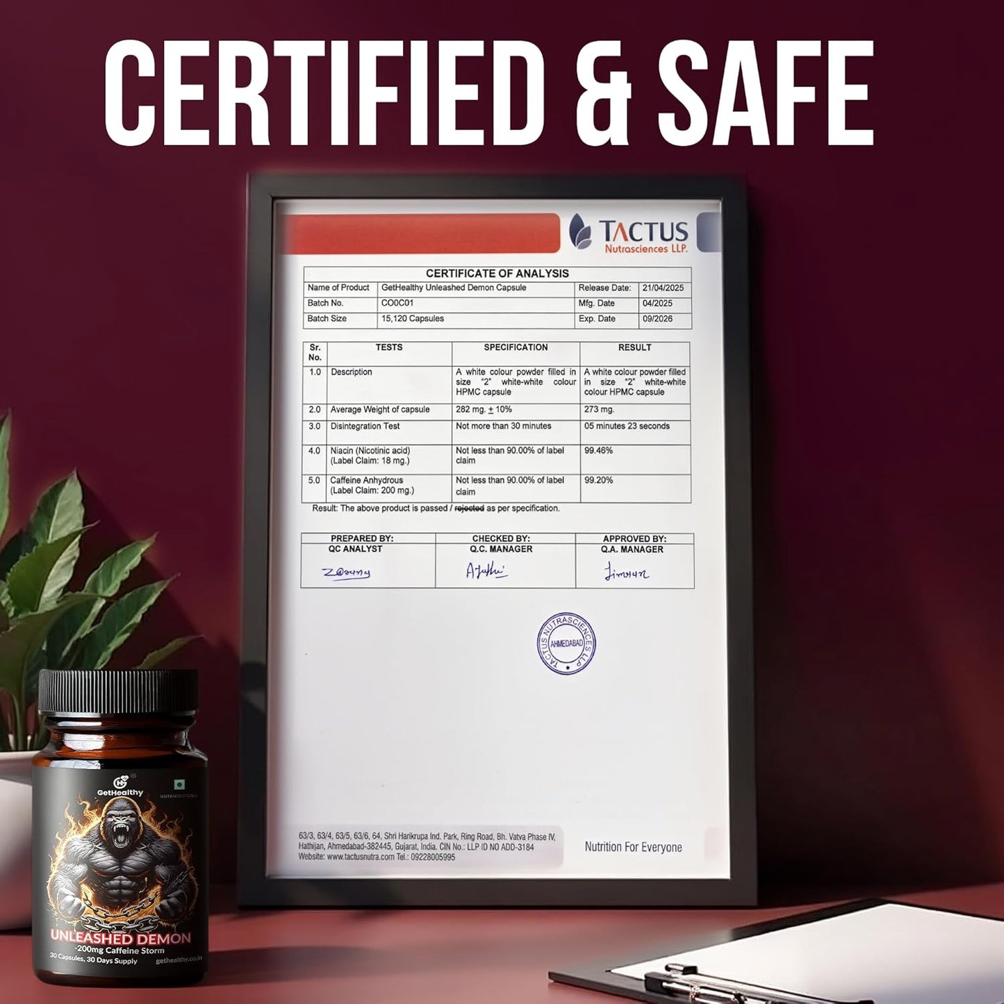 Framed certificate of analysis for a supplement bottle labeled 'Unleashed Demon' on a table.