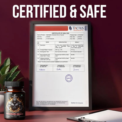 Framed certificate of analysis for a supplement bottle labeled 'Unleashed Demon' on a table.