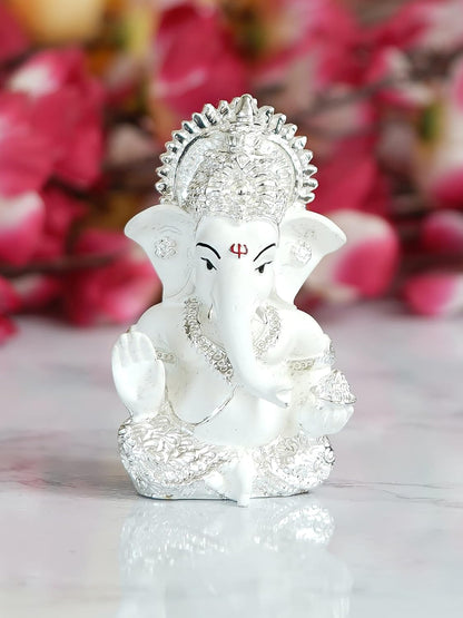 eCraftIndia Silver White Resin Lord Ganesha Idol for Home Decor Office Car Dashboard| Ganesha Statue for Puja Room| Ganpati Murti| God Statue Gift for Diwali Ganesh Chaturthi Housewarming Birthday