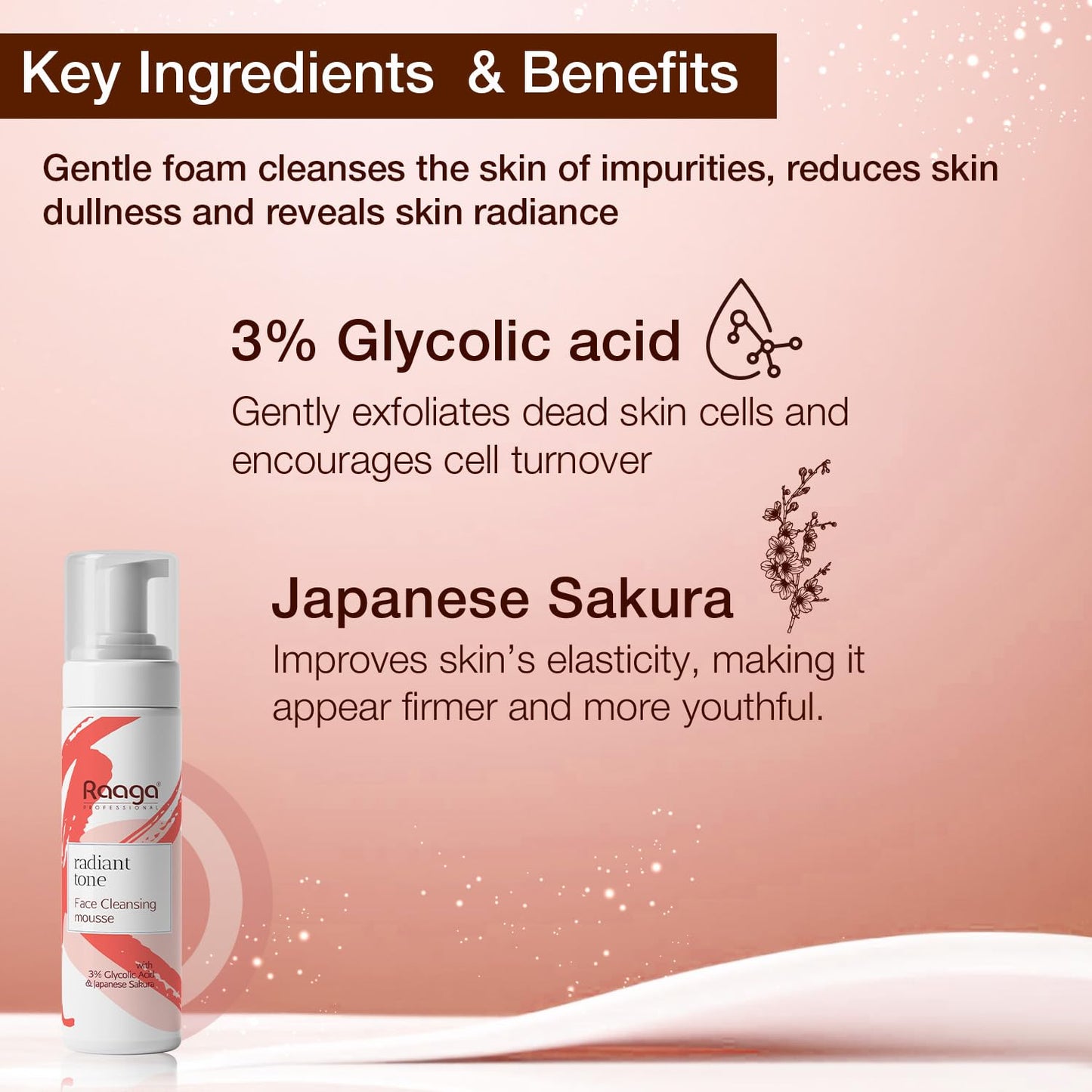 Raaga Professional Radiant Tone Face Cleansing Mousse with 3% Glycolic Acid and Japanese Sakura | Paraben Free, Sulphate Free, Dermatologically Tested (100 ml)