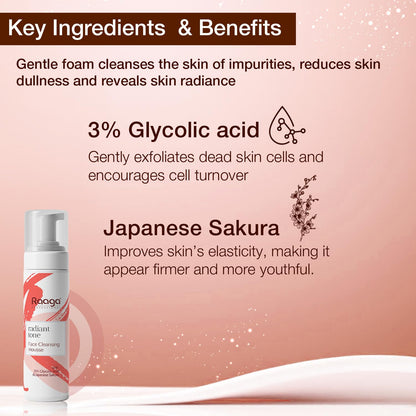 Raaga Professional Radiant Tone Face Cleansing Mousse with 3% Glycolic Acid and Japanese Sakura | Paraben Free, Sulphate Free, Dermatologically Tested (100 ml)