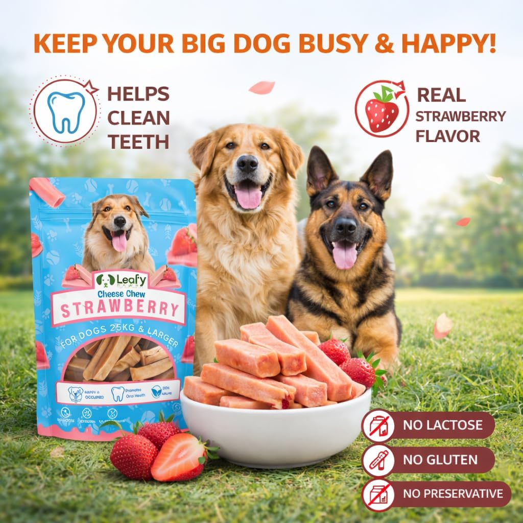 LeafyPaws Himalayan Cheese Chew Dog Treats (65g) | 100% Natural Long Lasting Yak Milk Chews for Medium & Large Dogs (25kg+) | Lactose Free, Grain Free, No Preservatives, Dental Support (Strawberry)