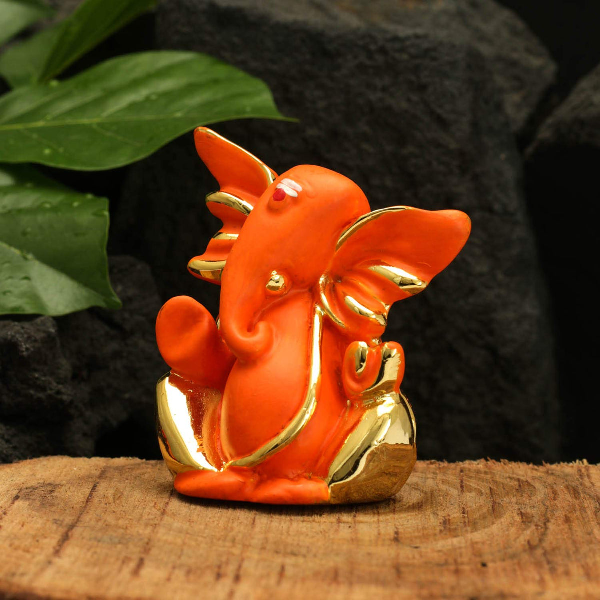 Gold Plated Red Terracotta Ganesha Statue for Car Dashboard God Ganpati Idols Home Office Decor (Size 7cm x 6cm)