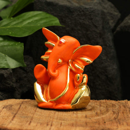 Gold Plated Red Terracotta Ganesha Statue for Car Dashboard God Ganpati Idols Home Office Decor (Size 7cm x 6cm)