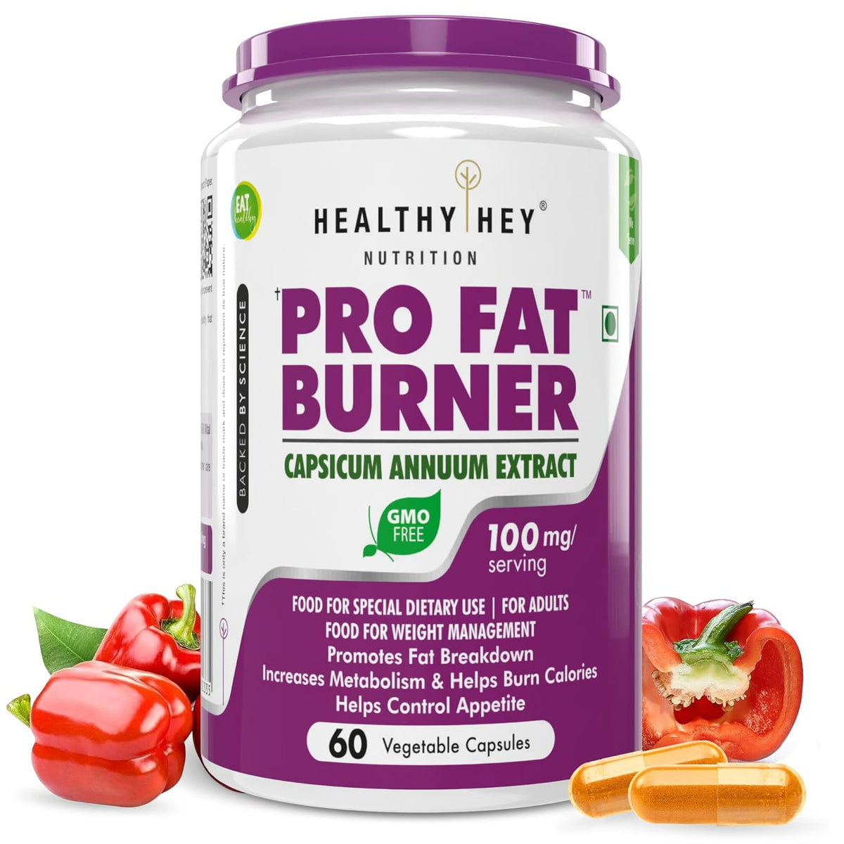 Pro Fat Burner supplement container with peppers and capsules on a white background