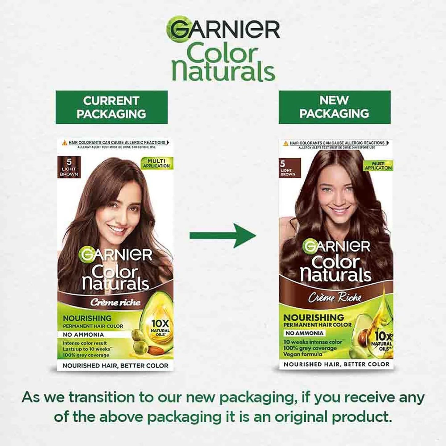 Comparison of Garnier Color Naturals hair color packaging with current and new designs.
