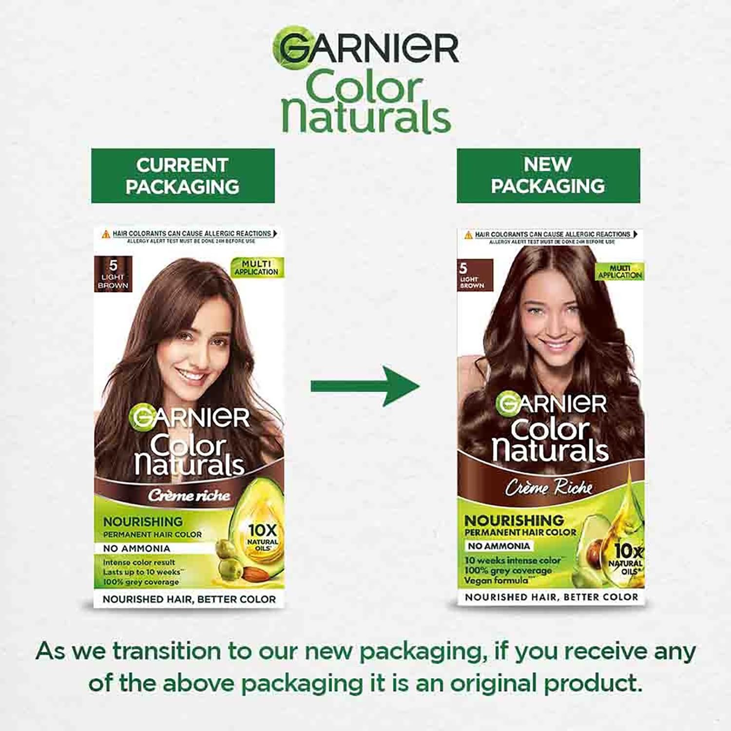 Comparison of Garnier Color Naturals hair color packaging with current and new designs.