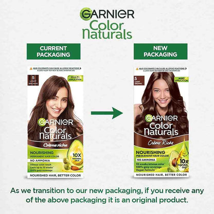 Comparison of Garnier Color Naturals hair color packaging with current and new designs.