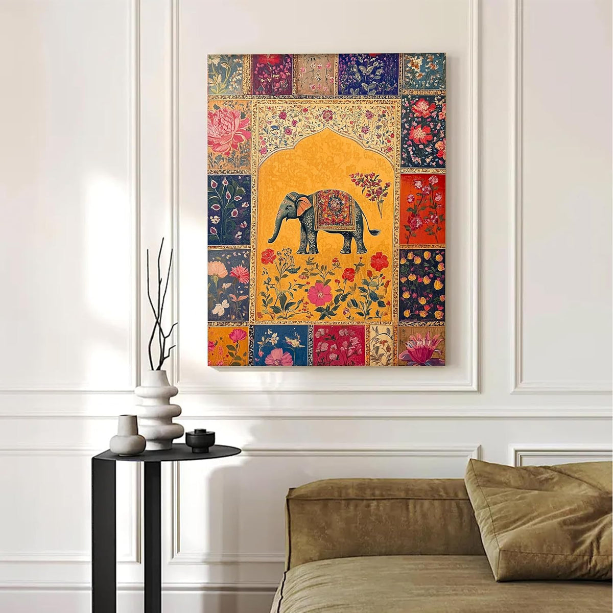 Elephant Vastu Madhubani Canvas Wall Painting for Living Room | Ethnic Indian Elephant Wall Art for Home Decor | Office Size :41x56 cm Gallary Wraped