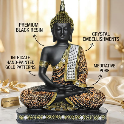 Global Grabbers new Limited Edition 25 Centimetre Meditating Sitting Buddha Idol Statue showpiece Home Decor Decoration Items for Living Room and Gifts (1, Orange Black)