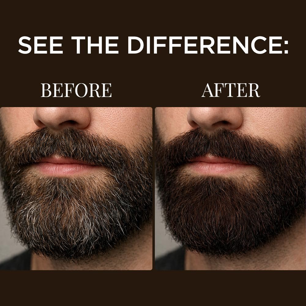 Before and after comparison of a beard with text 'See the Difference' on a brown background.