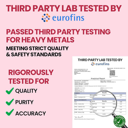 Product label with Eurofins third-party testing certification on a pink background