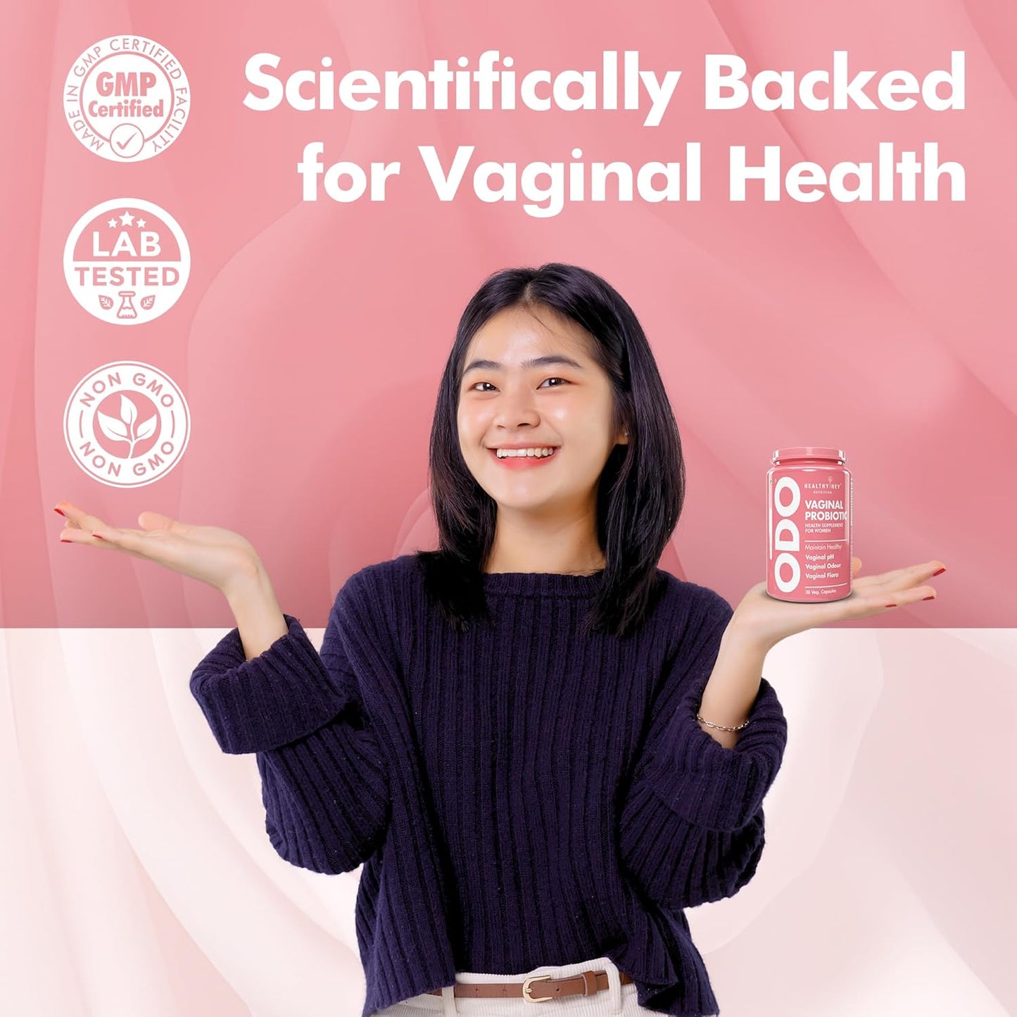 Woman holding a product container with 'Scientifically Backed for Vaginal Health' text and certification logos on a pink background.