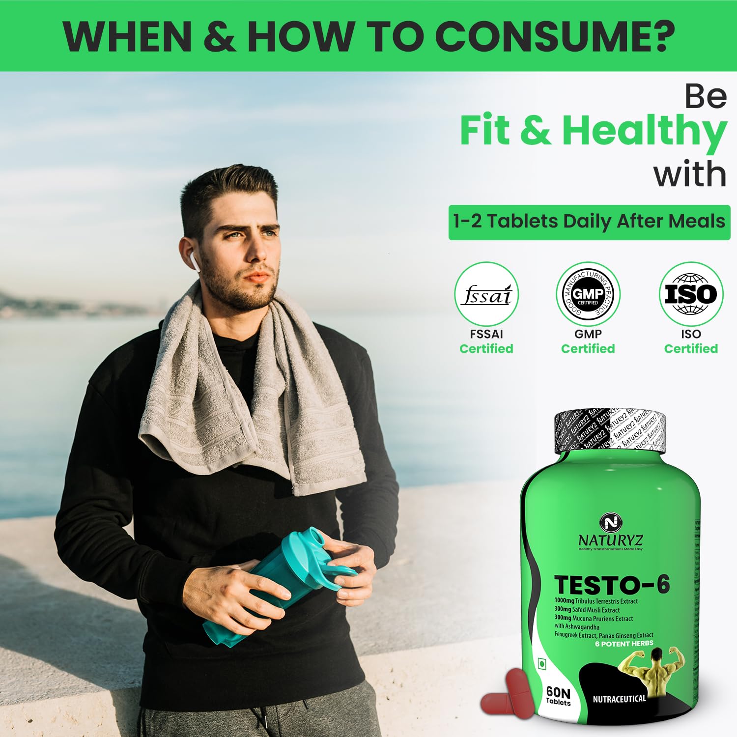 Man holding a supplement bottle with certification logos and text about consumption on a scenic background