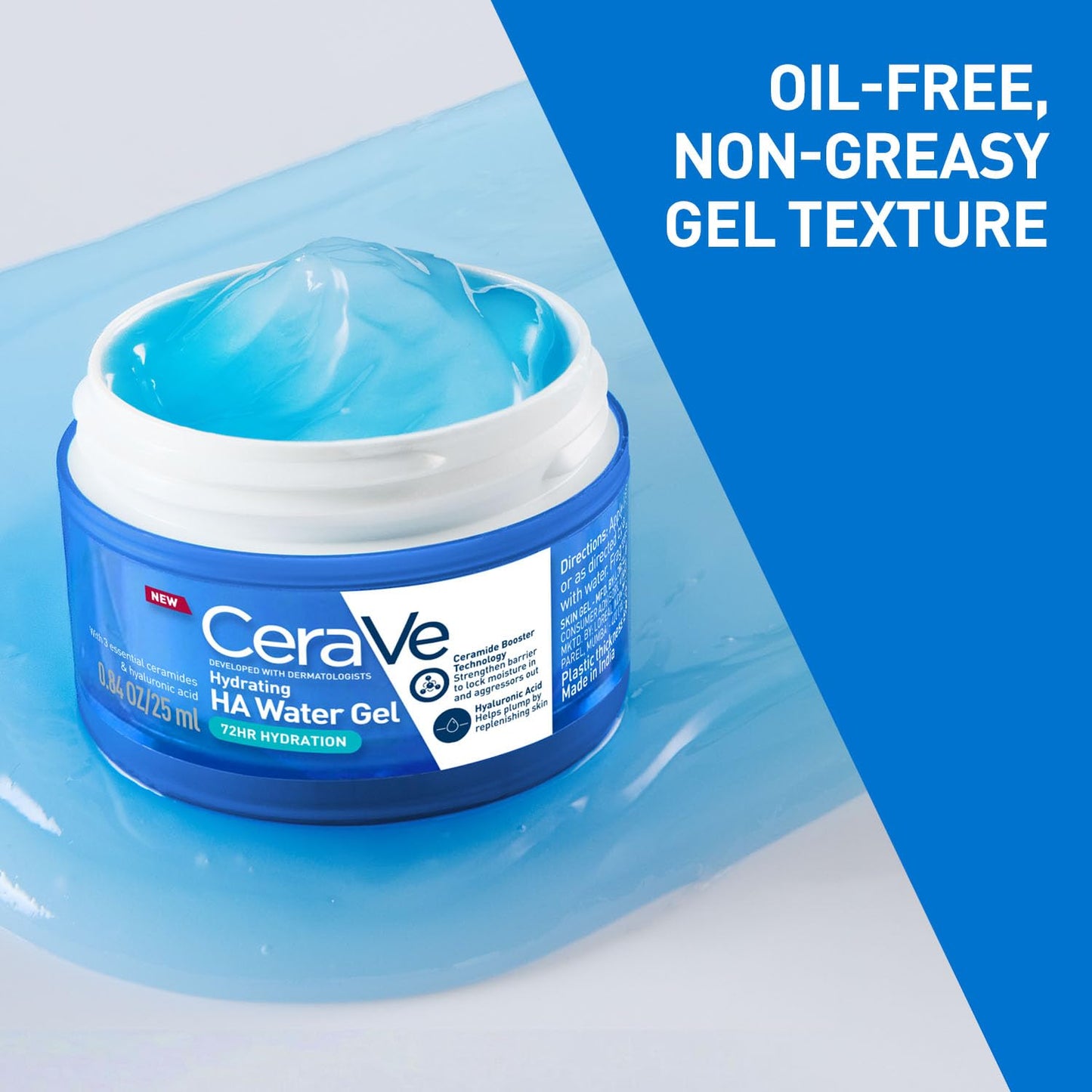 CeraVe HA Water Gel with Hyaluronic Acid, Ceramides & Niacinamide for Plumpy hydration|Oil-free gel moisturizer| 3 sec fast absorption| Dermat recommended for Women & Men| 25 ml