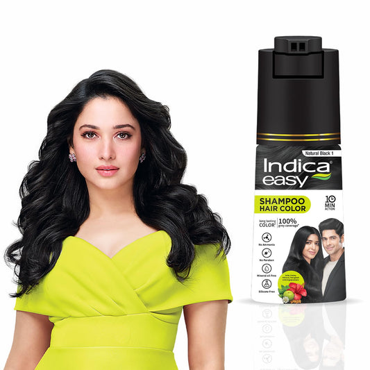 Indica Easy Do-It-Yourself Hair Color Shampoo Pump Pack with 5 Herbal Extracts and 100% Ammonia Free, Long Lasting Formula, 180 ML - Natural Black Colour (Gloves Included)