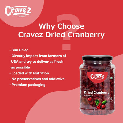 cravez Premium Cranberry - 500 Gram|High Antioxidants, Dietary Fiber & No Gluten, Antioxidant Rich|Immunity Booster & Healthy Snack|Sweet Berries|Diwali Dry Fruit Gift Box For Family And Friends