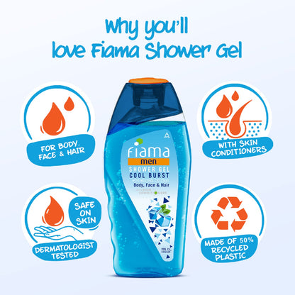 Fiama Men Body Wash Shower Gel Cool Burst, 250ml, Body Wash for Men, feel 3° cooler, with Skin Conditioners for Cool & Refreshed Skin, Mens Moisturizing Bodywash